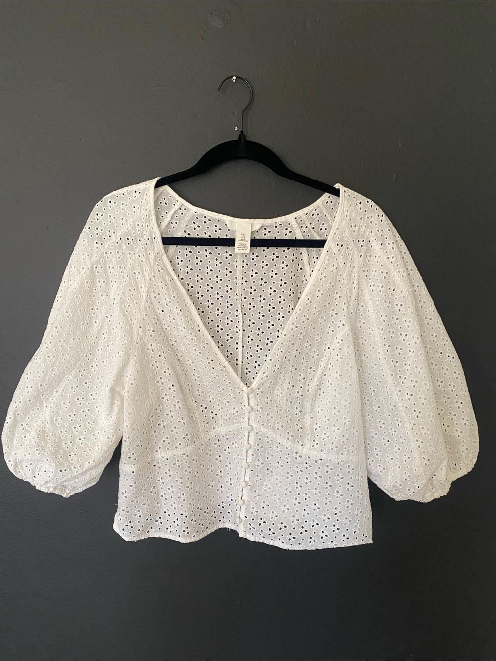 H&M White Eyelet Puff Sleeve Cotton Crop Romantic Feminine Top